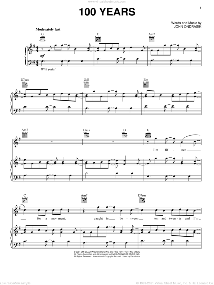 100 Years sheet music for voice, piano or guitar by Five For Fighting and John Ondrasik, intermediate skill level