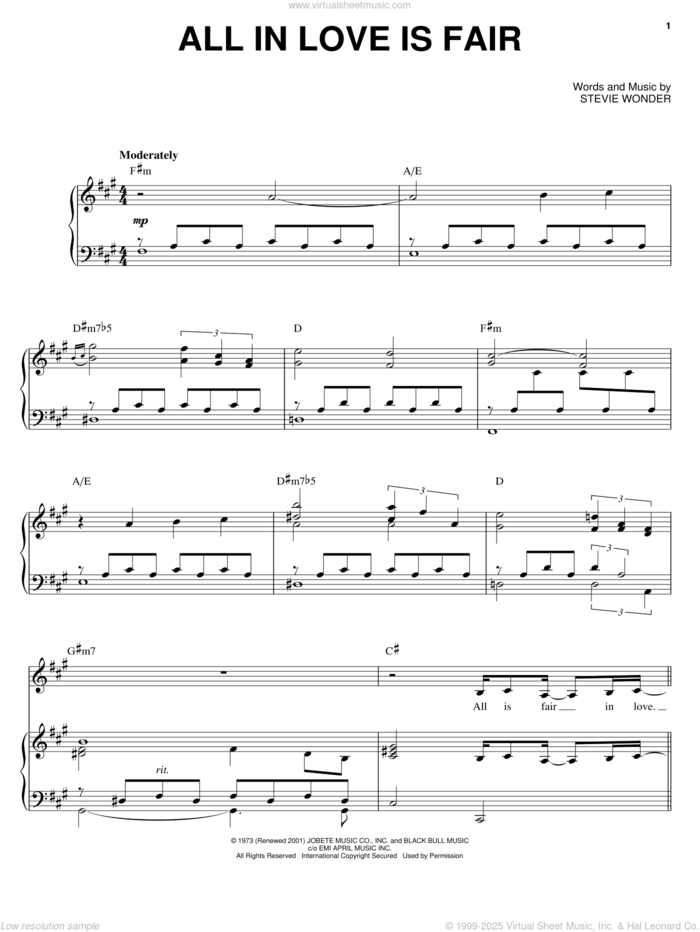 All In Love Is Fair sheet music for voice, piano or guitar by Barbra Streisand, Mel Torme and Stevie Wonder, intermediate skill level