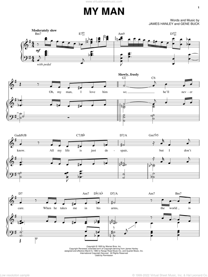 My Man sheet music for voice, piano or guitar by Barbra Streisand, Billy Holiday, Ella Fitzgerald, Gene Buck and James Hanley, intermediate skill level