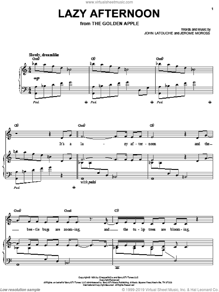 Lazy Afternoon sheet music for voice, piano or guitar by Barbra Streisand, Jerome Moross and John Latouche, intermediate skill level