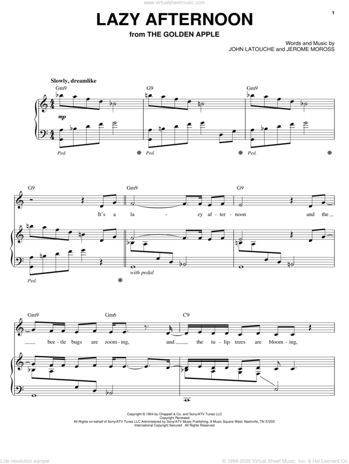 Lazy Afternoon sheet music for voice, piano or guitar by Barbra Streisand, Jerome Moross and John Latouche, intermediate skill level