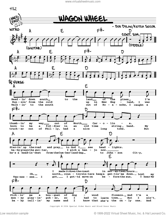 Wagon Wheel sheet music for voice and other instruments (real book with lyrics) by Bob Dylan and Ketch Secor, intermediate skill level
