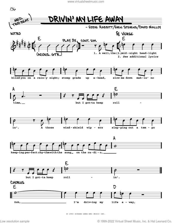 Drivin' My Life Away sheet music for voice and other instruments (real book with lyrics) by Eddie Rabbitt, David Malloy and Even Stevens, intermediate skill level