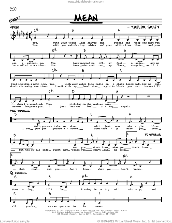 Mean sheet music for voice and other instruments (real book with lyrics) by Taylor Swift, intermediate skill level