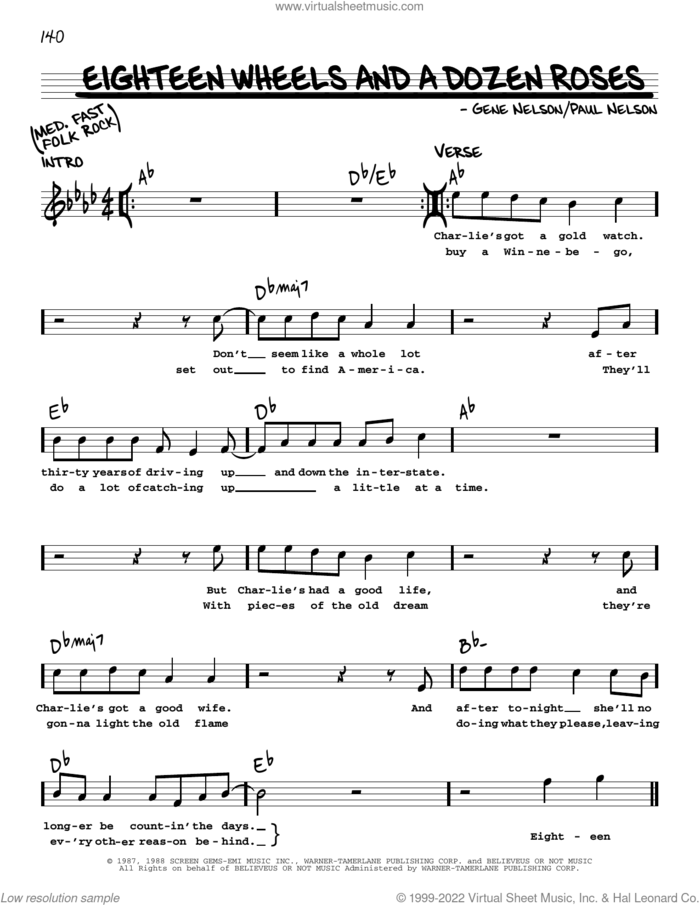 Eighteen Wheels And A Dozen Roses sheet music for voice and other instruments (real book with lyrics) by Kathy Mattea, Gene Nelson and Paul Nelson, intermediate skill level