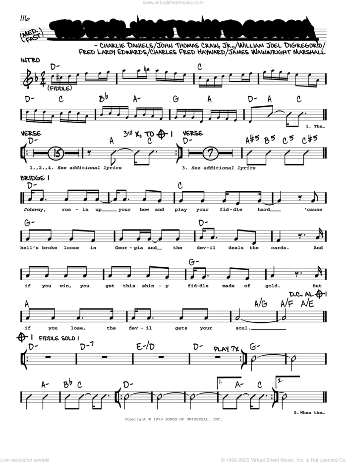 The Devil Went Down To Georgia sheet music for voice and other instruments (real book with lyrics) by Charlie Daniels Band, Charles Fred Hayward, Charlie Daniels, Fred Laroy Edwards, James Wainwright Marshall, John Thomas Crain, Jr. and William Joel DiGregorio, intermediate skill level