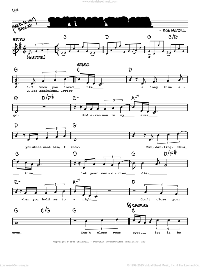 Don't Close Your Eyes sheet music for voice and other instruments (real book with lyrics) by Keith Whitley and Bob McDill, intermediate skill level