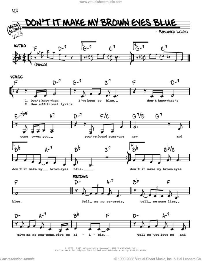 Don't It Make My Brown Eyes Blue sheet music for voice and other instruments (real book with lyrics) by Crystal Gayle and Richard Leigh, intermediate skill level