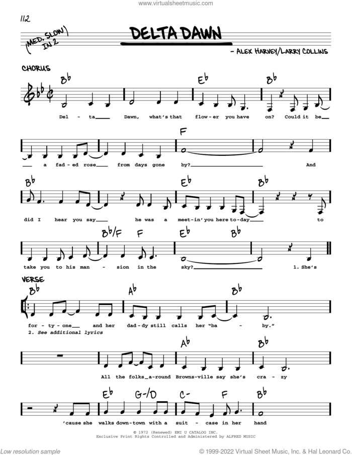 Delta Dawn sheet music for voice and other instruments (real book with lyrics) , Helen Reddy, Alex Harvey and Larry Collins, intermediate skill level