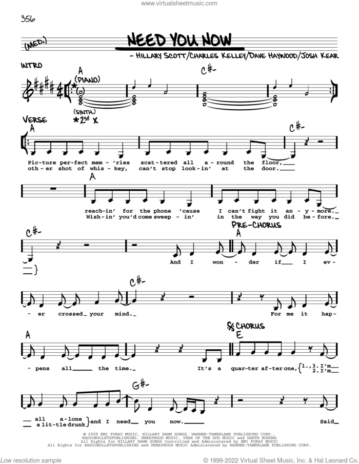 Need You Now sheet music for voice and other instruments (real book with lyrics) by Lady A, Charles Kelley, Dave Haywood, Hillary Scott and Josh Kear, intermediate skill level