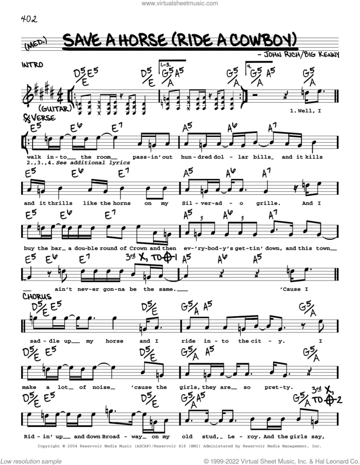Save A Horse (Ride A Cowboy) sheet music for voice and other instruments (real book with lyrics) by Big & Rich, Big Kenny and John Rich, intermediate skill level