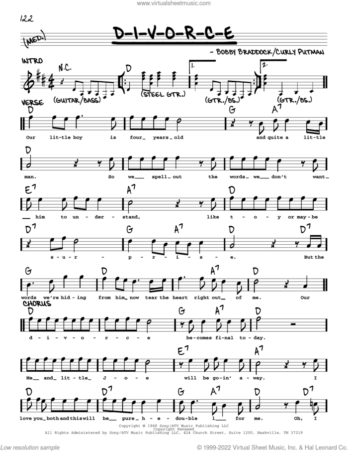 D-I-V-O-R-C-E sheet music for voice and other instruments (real book with lyrics) by Tammy Wynette, Bobby Braddock and Curly Putman, intermediate skill level