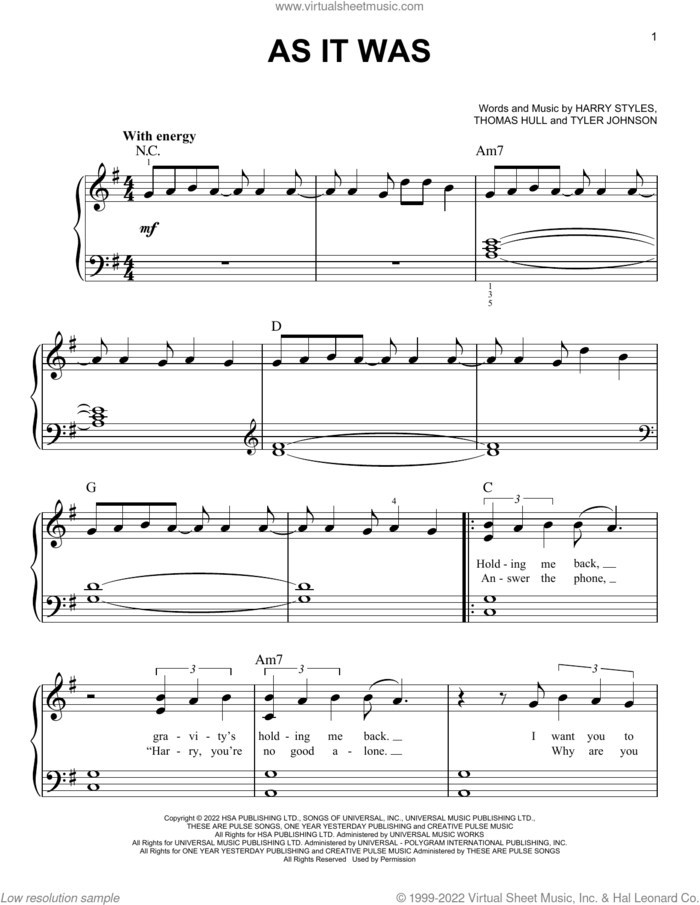 As It Was, (easy) sheet music for piano solo by Harry Styles, Tom Hull and Tyler Johnson, easy skill level