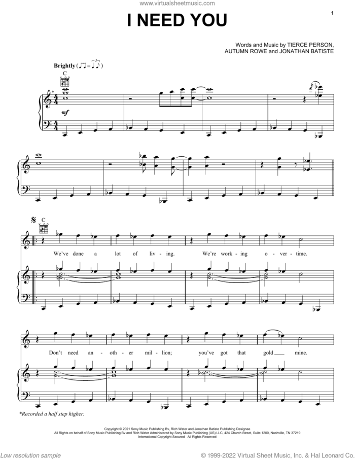 I NEED YOU sheet music for voice, piano or guitar by Jon Batiste, Autumn Rowe, Jonathan Batiste and Tierce Person, intermediate skill level
