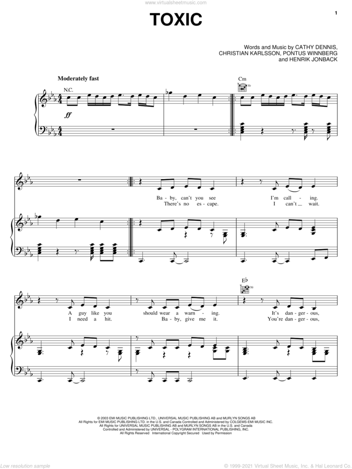 Toxic sheet music for voice, piano or guitar by Britney Spears, Cathy Dennis, Christian Karlsson and Pontus Winnberg, intermediate skill level