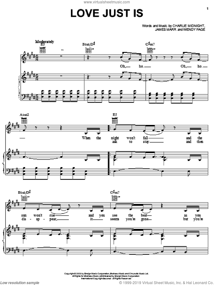 Love Just Is sheet music for voice, piano or guitar by Hilary Duff, Charlie Midnight, James Marr and Wendy Page, intermediate skill level
