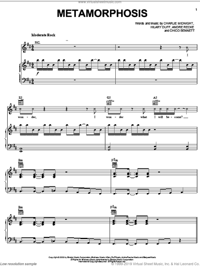 Metamorphosis sheet music for voice, piano or guitar by Hilary Duff, Andre Recke and Charlie Midnight, intermediate skill level