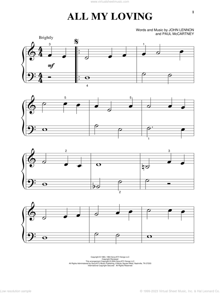 All My Loving, (beginner) sheet music for piano solo by The Beatles, John Lennon and Paul McCartney, beginner skill level