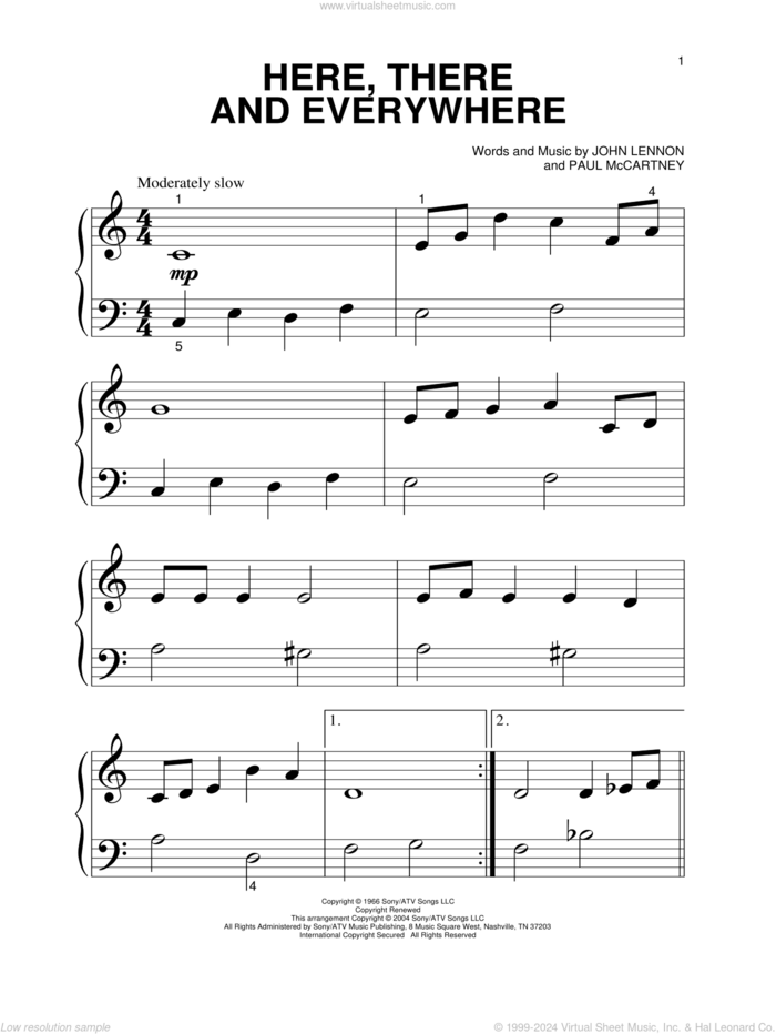 Here, There And Everywhere, (beginner) sheet music for piano solo by The Beatles, John Lennon and Paul McCartney, wedding score, beginner skill level