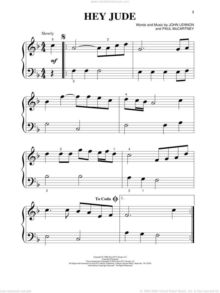 Hey Jude sheet music for piano solo by The Beatles, John Lennon and Paul McCartney, beginner skill level