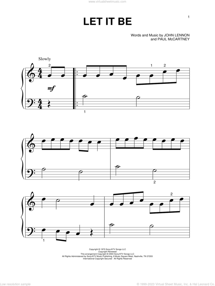 Let It Be sheet music for piano solo by The Beatles, John Lennon and Paul McCartney, beginner skill level