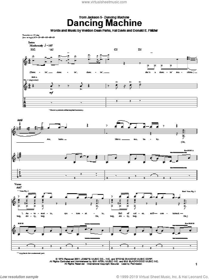 Dancing Machine sheet music for guitar (tablature) by The Jackson 5, Michael Jackson, Donald E. Fletcher, Hal Davis and Weldon Dean Parks, intermediate skill level