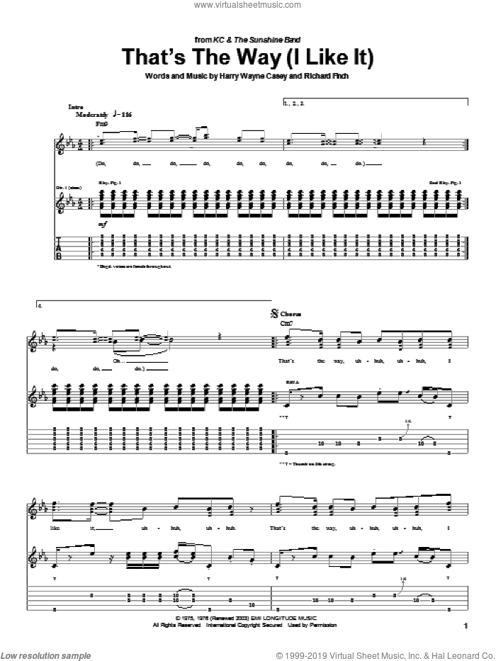 That's The Way (I Like It) sheet music for guitar (tablature) by KC & The Sunshine Band, Harry Wayne Casey and Richard Finch, intermediate skill level