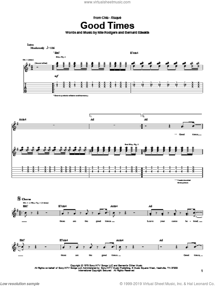 Good Times sheet music for guitar (tablature) by Chic, Bernard Edwards and Nile Rodgers, intermediate skill level