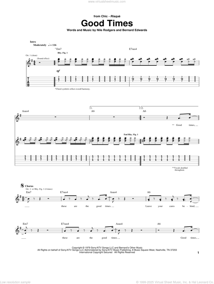 Good Times sheet music for guitar (tablature) by Chic, Bernard Edwards and Nile Rodgers, intermediate skill level