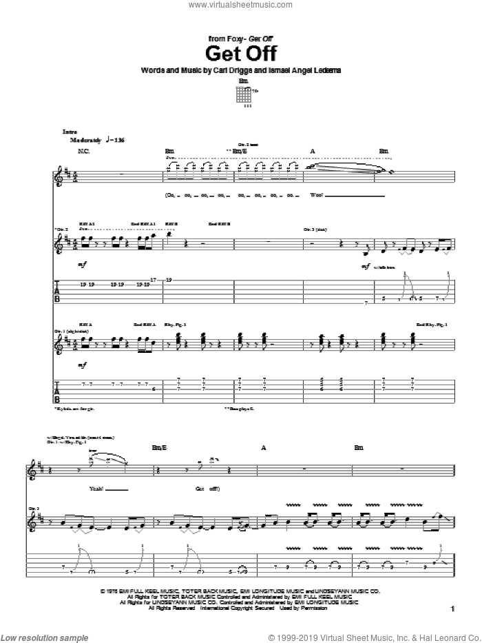 Get Off sheet music for guitar (tablature) by Foxy, Carl Driggs and Ismael Angel Ledesma, intermediate skill level