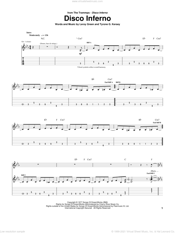 Disco Inferno sheet music for guitar (tablature) by The Trammps, Cyndi Lauper, Tina Turner, Leroy Green and Tyrone G. Kersey, intermediate skill level