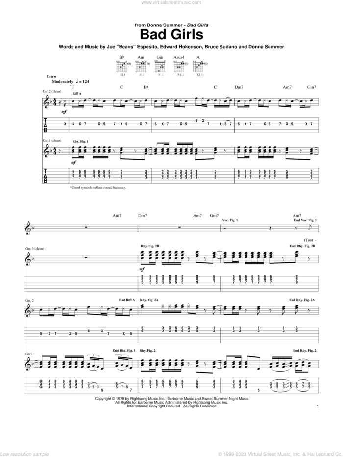 Bad Girls sheet music for guitar (tablature) by Donna Summer, Juliet Roberts, Bruce Sudano, Edward Hokenson and Joe 'Beans' Esposito, intermediate skill level