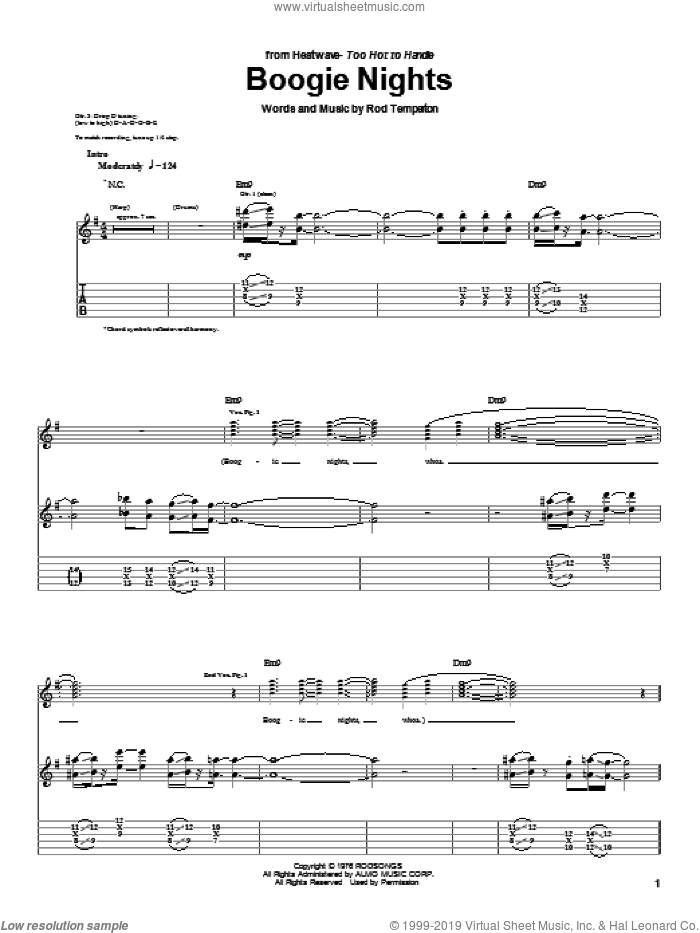 Boogie Nights sheet music for guitar (tablature) by Heatwave and Rod Temperton, intermediate skill level