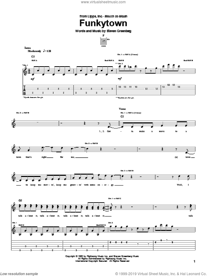Funkytown sheet music for guitar (tablature) by Lipps Inc., Pseudo Echo and Steven Greenberg, intermediate skill level