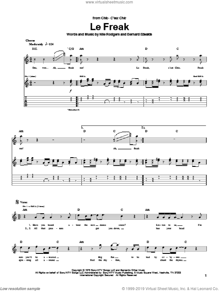Le Freak sheet music for guitar (tablature) by Chic, Bernard Edwards and Nile Rodgers, intermediate skill level