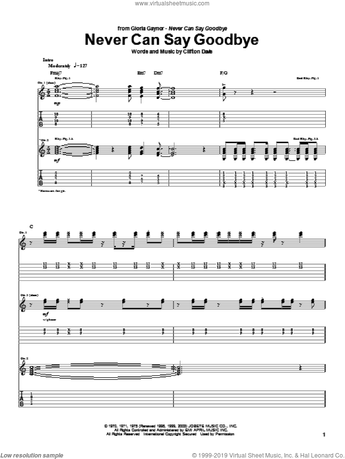 Never Can Say Goodbye sheet music for guitar (tablature) by Gloria Gaynor, Isaac Hayes, The Jackson 5 and Clifton Davis, intermediate skill level