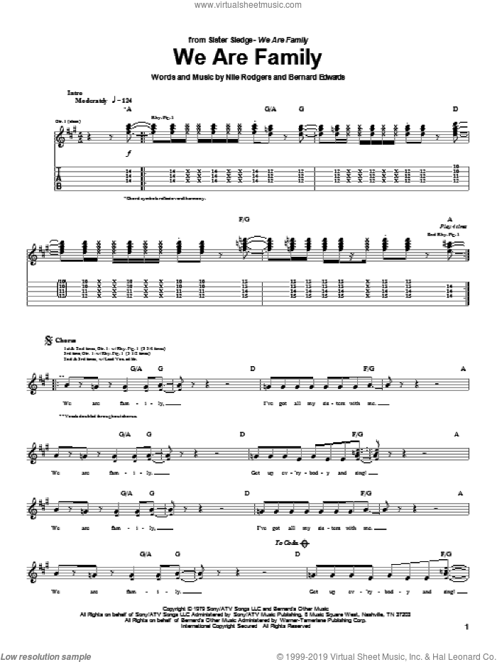 We Are Family sheet music for guitar (tablature) by Sister Sledge, Babes in Toyland, Chic, Bernard Edwards and Nile Rodgers, intermediate skill level