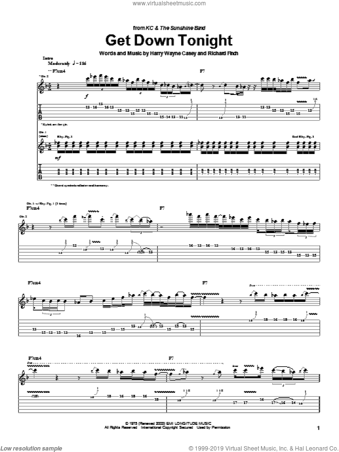 Get Down Tonight sheet music for guitar (tablature) by KC & The Sunshine Band, Harry Wayne Casey and Richard Finch, intermediate skill level