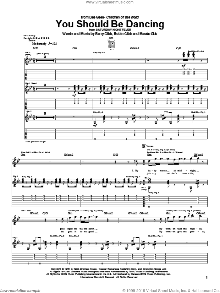 You Should Be Dancing sheet music for guitar (tablature) by Bee Gees, Barry Gibb, Maurice Gibb and Robin Gibb, intermediate skill level