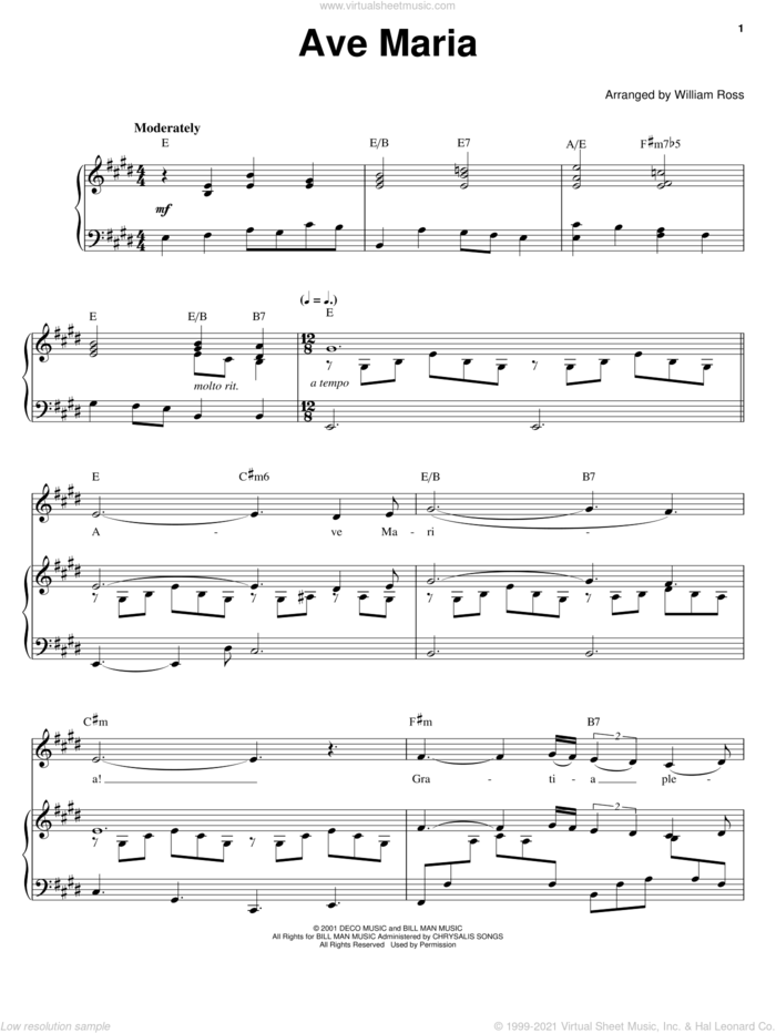 Ave Maria sheet music for voice, piano or guitar by Barbra Streisand and William Ross, intermediate skill level
