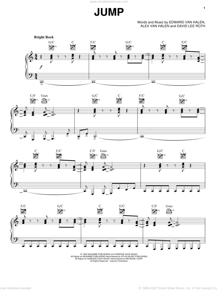 Jump sheet music for voice, piano or guitar by Edward Van Halen, Miscellaneous, Alex Van Halen, David Lee Roth and Michael Anthony, intermediate skill level
