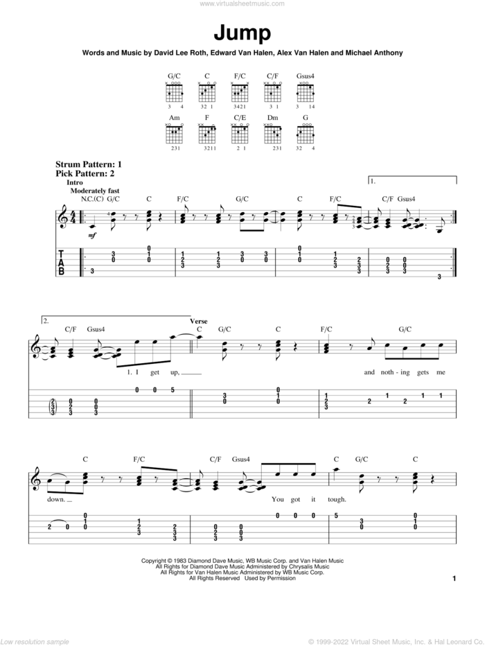 Jump sheet music for guitar solo (easy tablature) by Edward Van Halen, David Lee Roth, Alex Van Halen and Michael Anthony, easy guitar (easy tablature)
