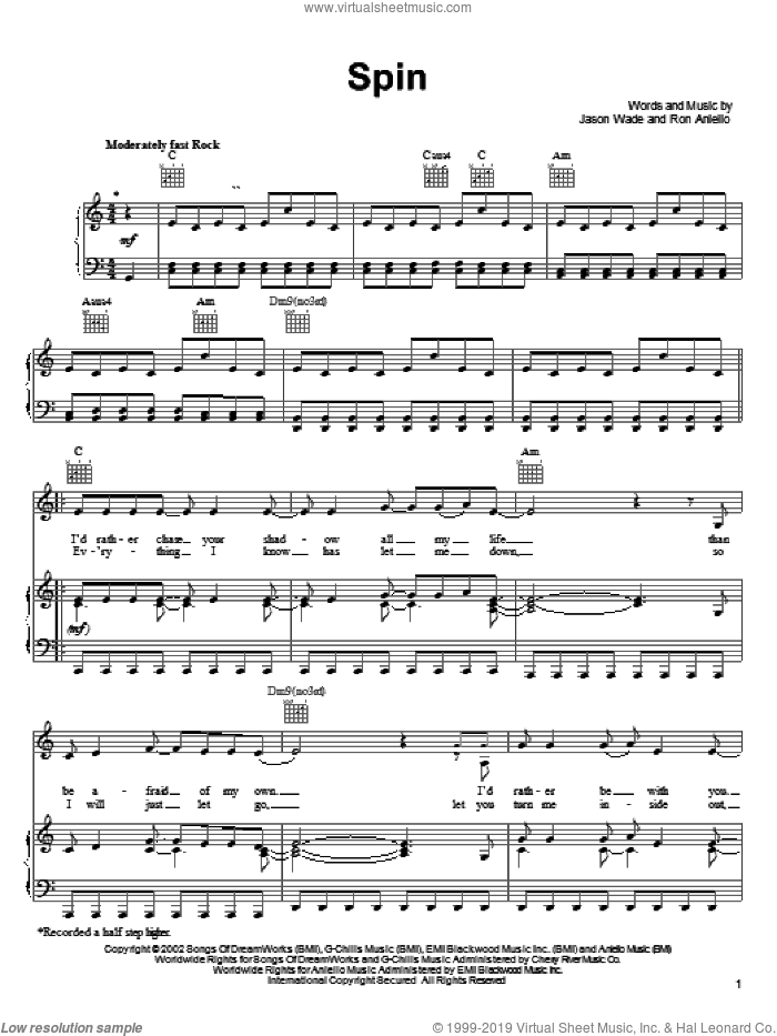 Spin sheet music for voice, piano or guitar by Lifehouse, Jason Wade and Ron Aniello, intermediate skill level