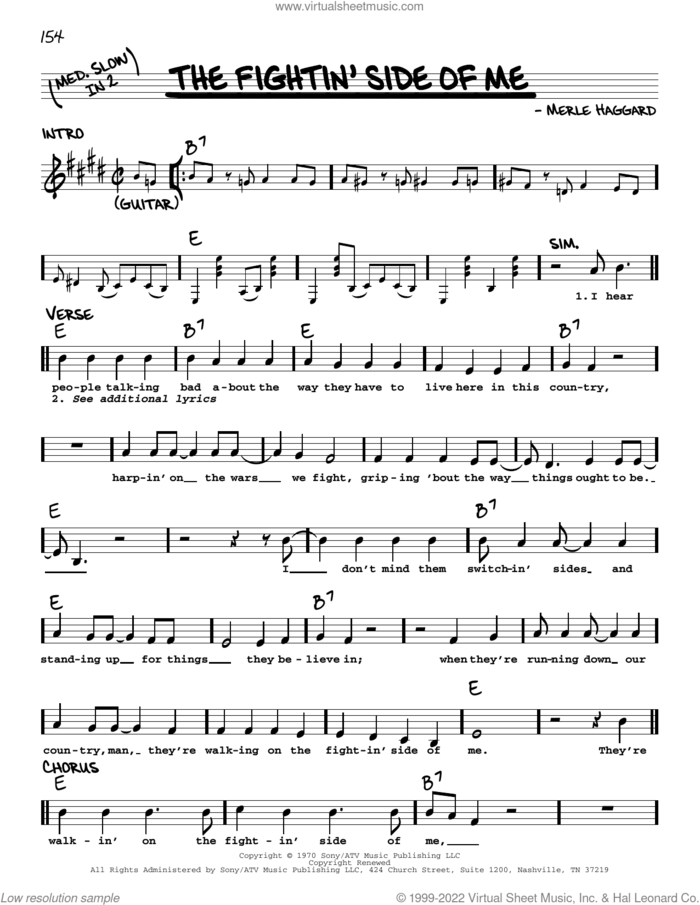 The Fightin' Side Of Me sheet music for voice and other instruments (real book with lyrics) by Merle Haggard, intermediate skill level