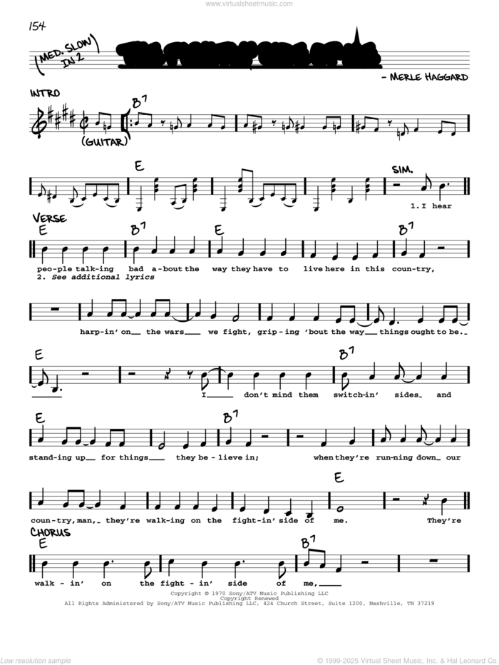 The Fightin' Side Of Me sheet music for voice and other instruments (real book with lyrics) by Merle Haggard, intermediate skill level