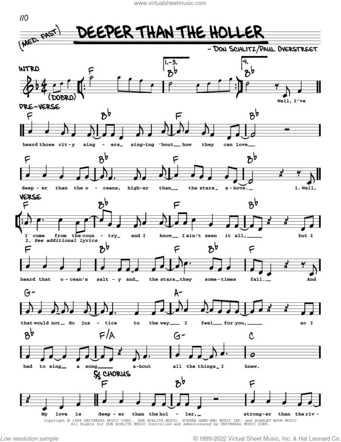 Deeper Than The Holler sheet music for voice and other instruments (real book with lyrics) by Randy Travis, Don Schlitz and Paul Overstreet, intermediate skill level