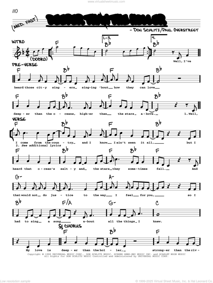 Deeper Than The Holler sheet music for voice and other instruments (real book with lyrics) by Randy Travis, Don Schlitz and Paul Overstreet, intermediate skill level