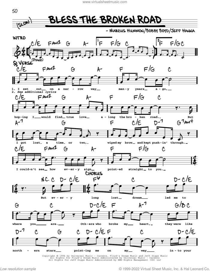 Bless The Broken Road sheet music for voice and other instruments (real book with lyrics) by Rascal Flatts, Bobby Boyd, Jeffrey Hanna and Marcus Hummon, intermediate skill level