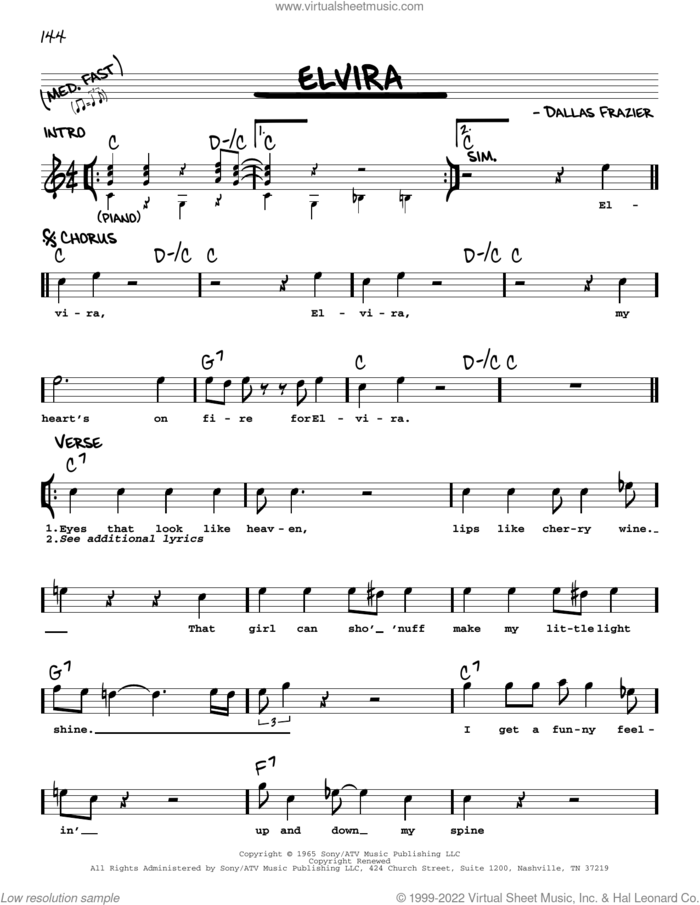 Elvira sheet music for voice and other instruments (real book with lyrics) by Oak Ridge Boys and Dallas Frazier, intermediate skill level