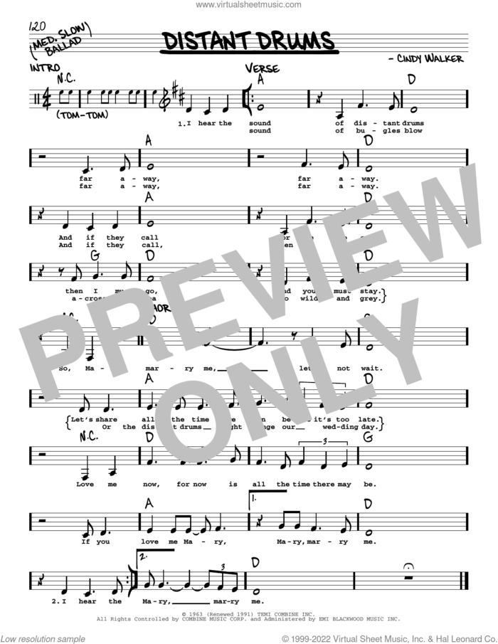 Distant Drums sheet music for voice and other instruments (real book with lyrics) by Jim Reeves and Cindy Walker, intermediate skill level